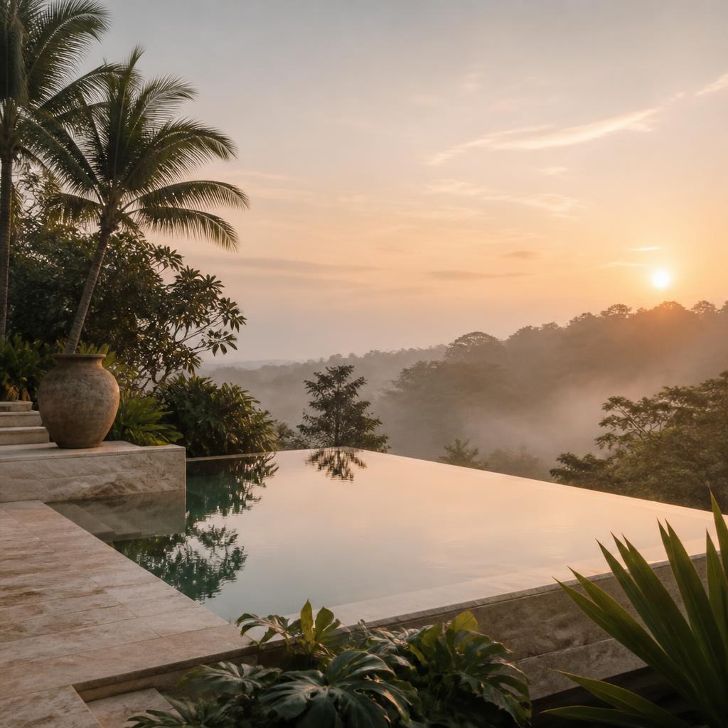 Minimalist stone infinity pool at dawn surrounded by tropical foliage