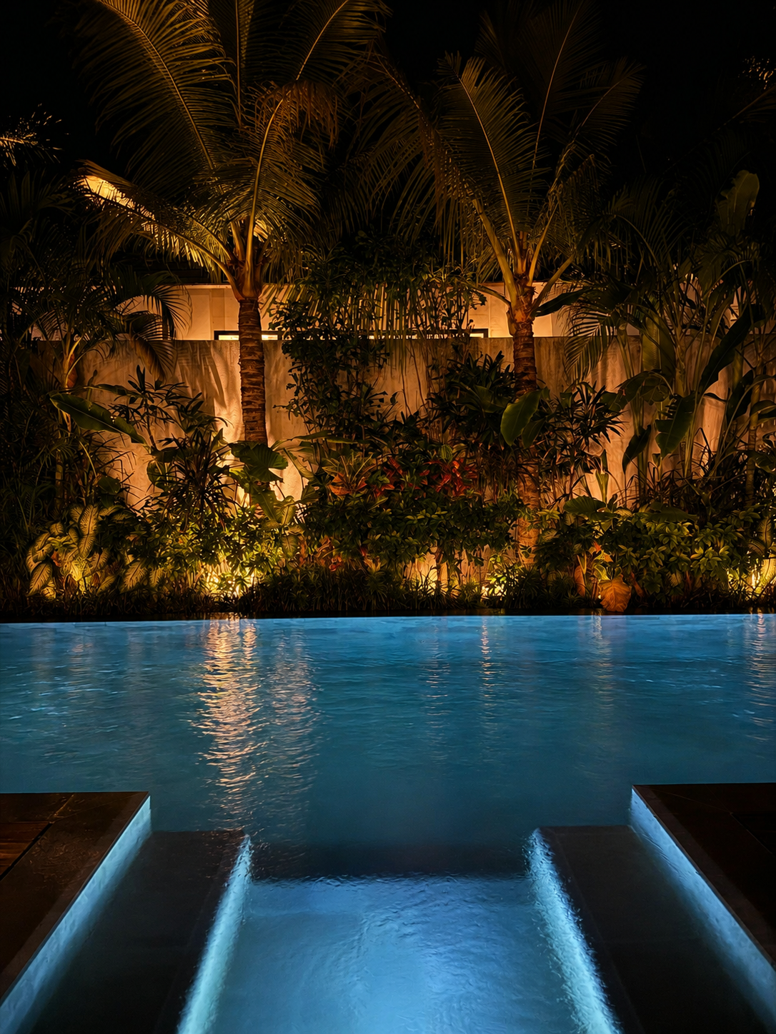 Night view of the pool and tropical garden during a past retreat