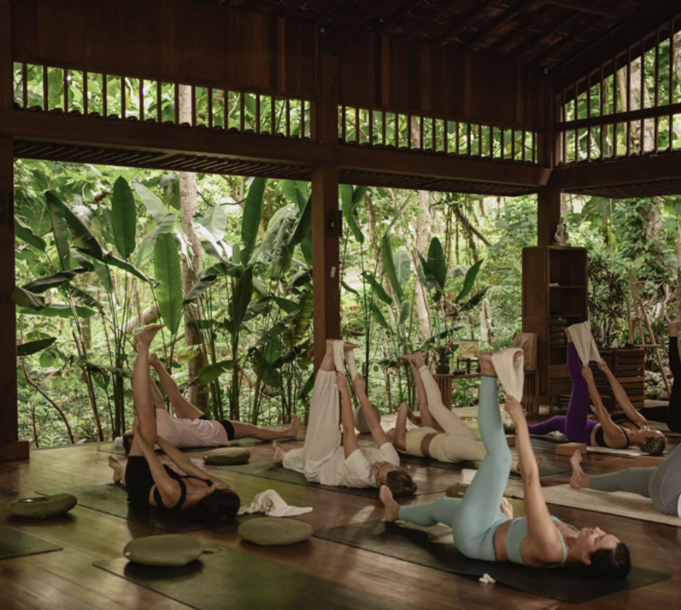 Group yoga class in an open-air pavilion surrounded by jungle
