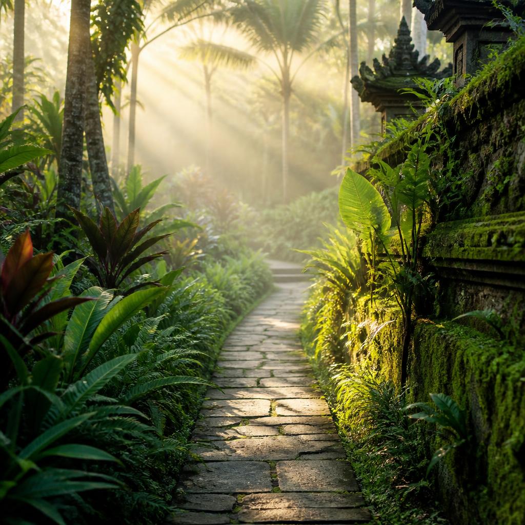 Soft stone path through misty tropical jungle at sunrise