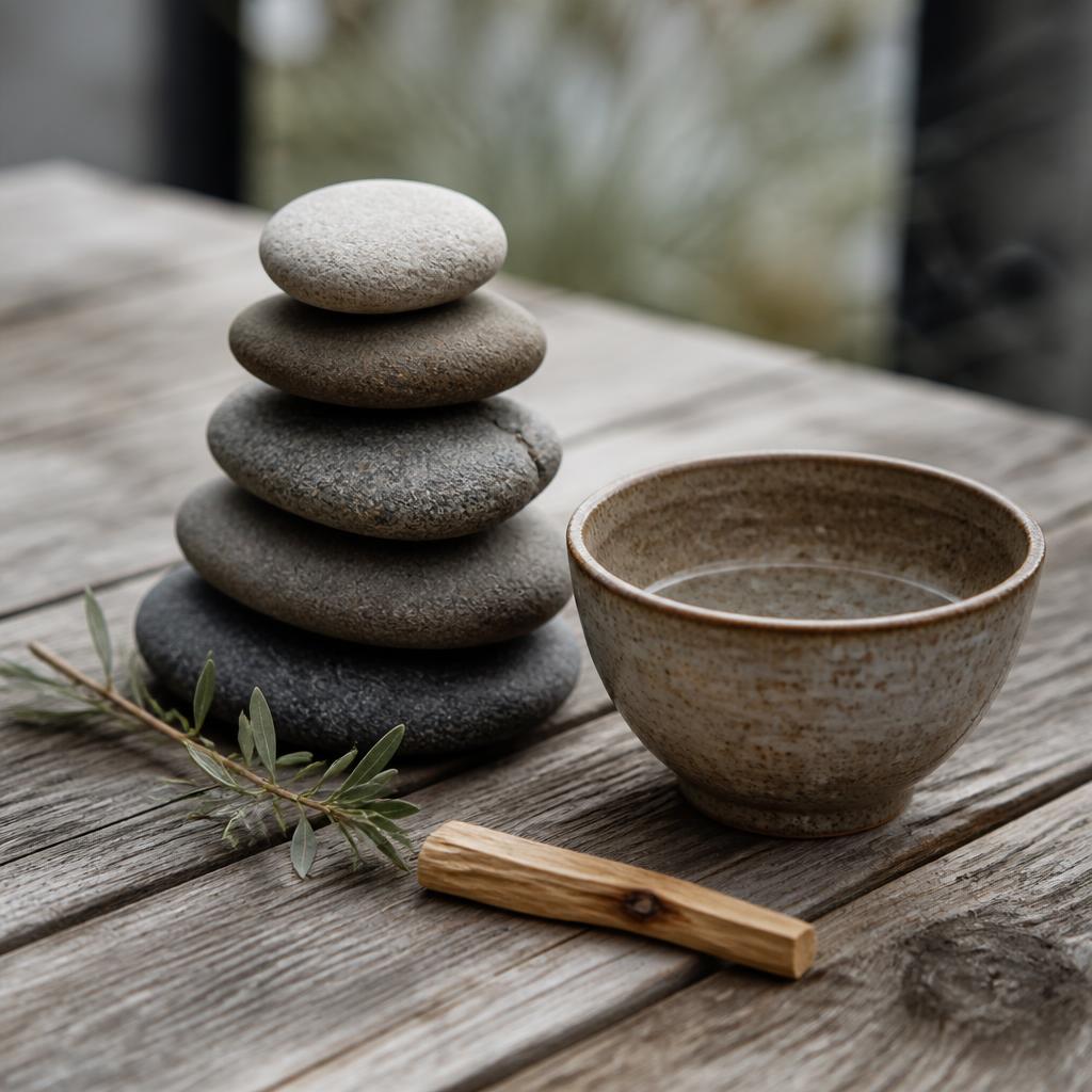 Stacked stones and a small ceramic bowl on a wooden deck