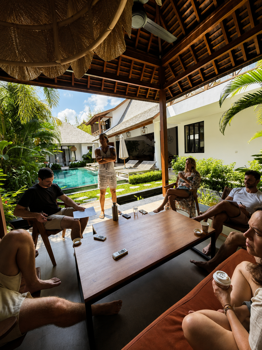 Participants in conversation by the villa pool during a daytime session