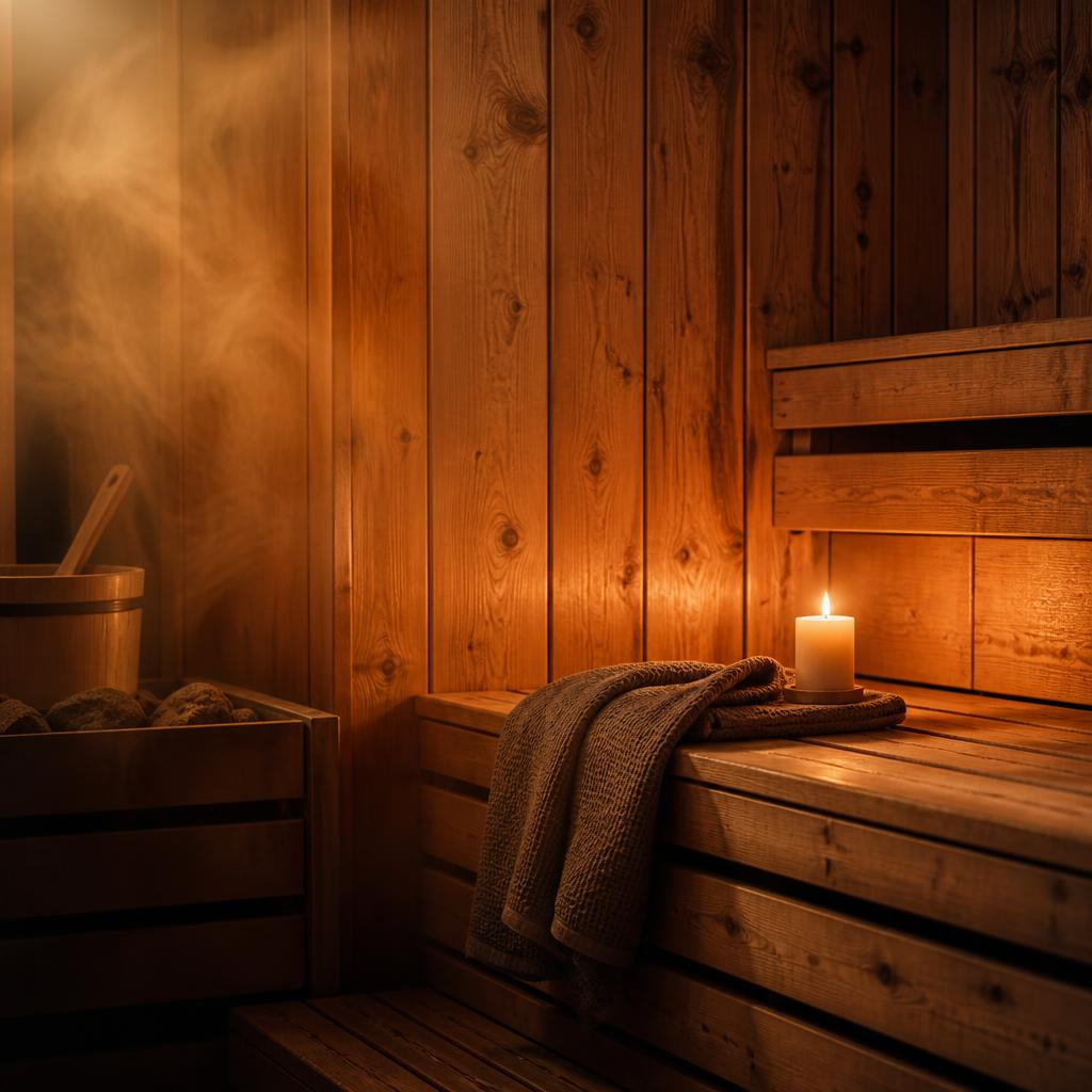 Warm wooden sauna interior lit by a single candle