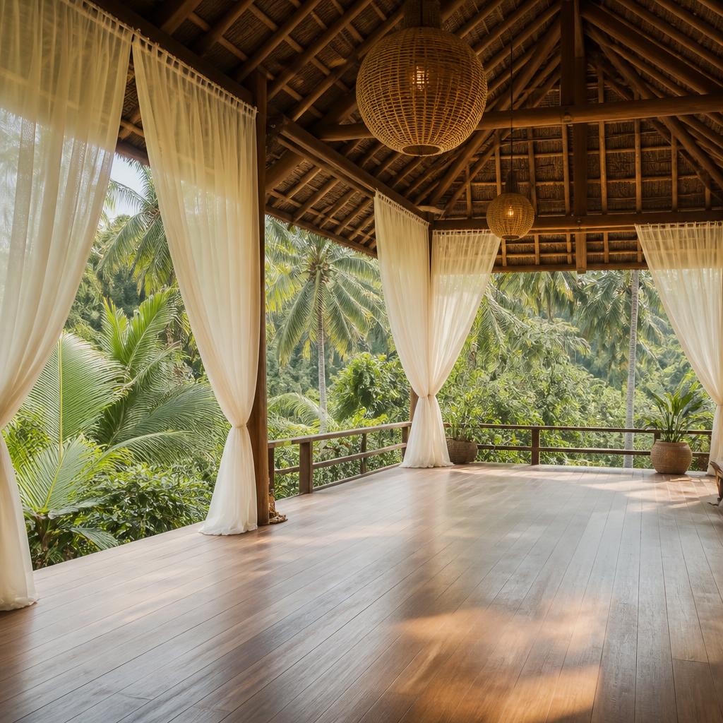 Open-air timber pavilion with linen drapes among palms