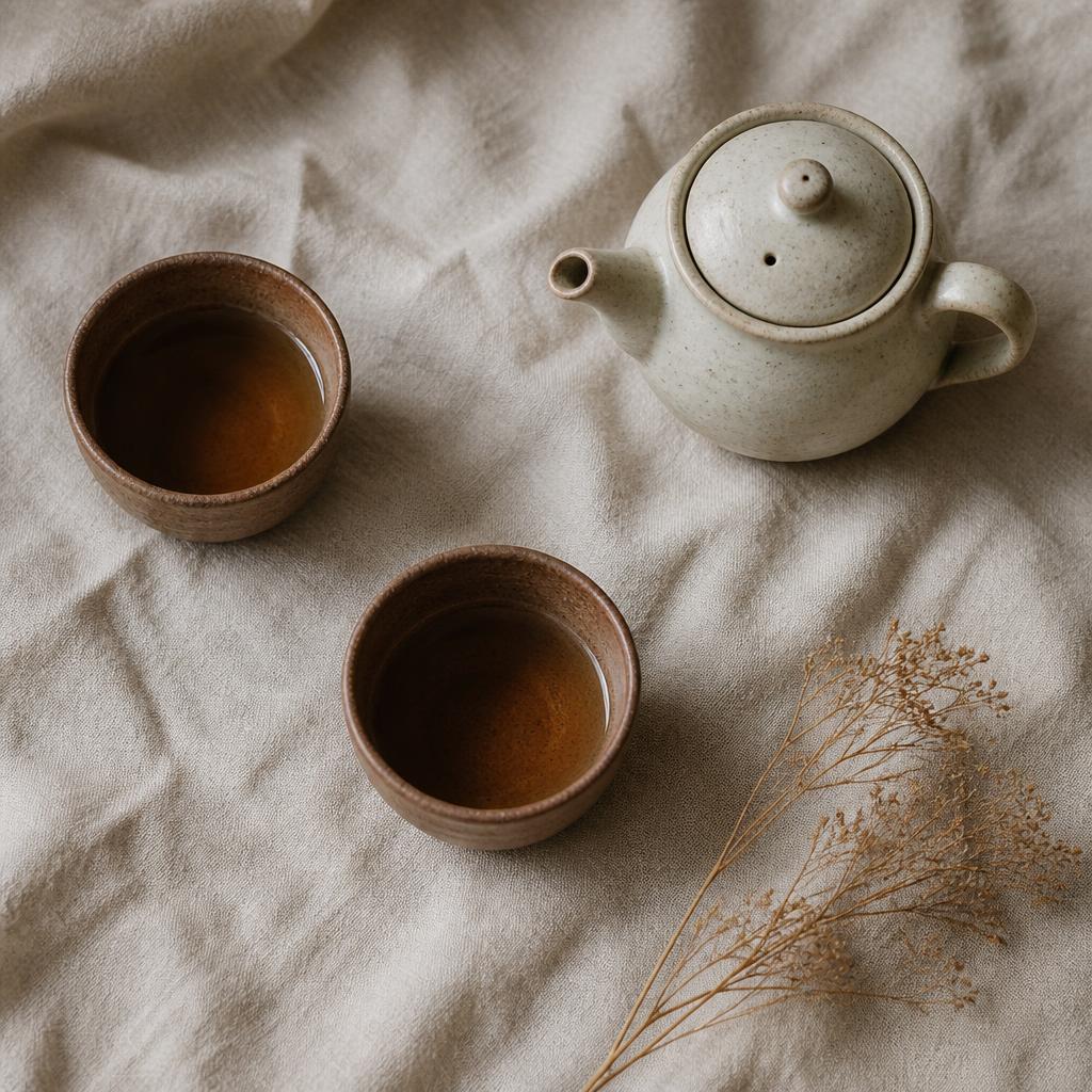 Two clay teacups and a kettle on natural linen