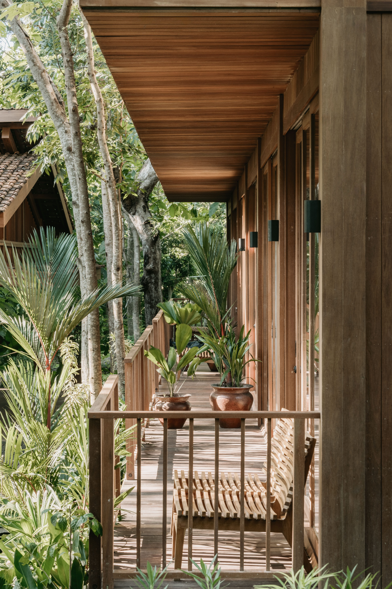Wooden villa balcony overlooking lush jungle