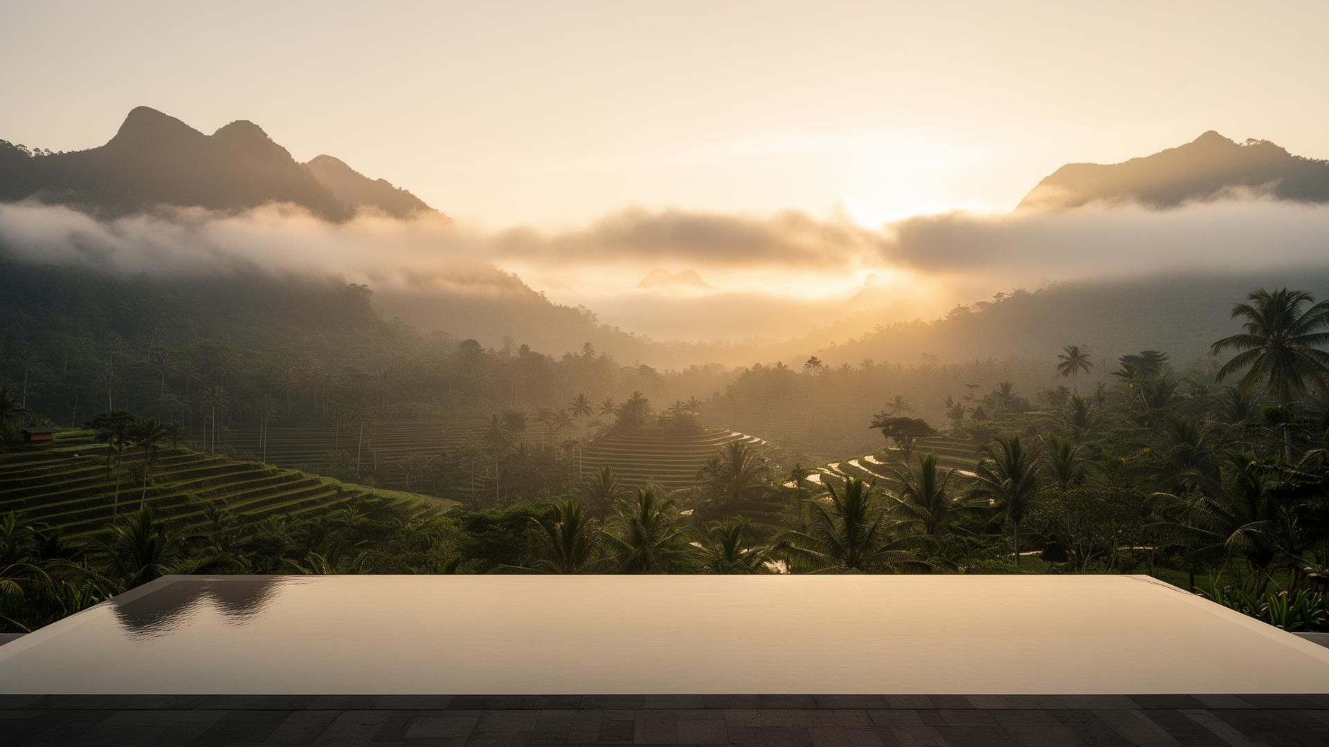 Misty Balinese jungle valley at dawn with a minimalist stone infinity pool