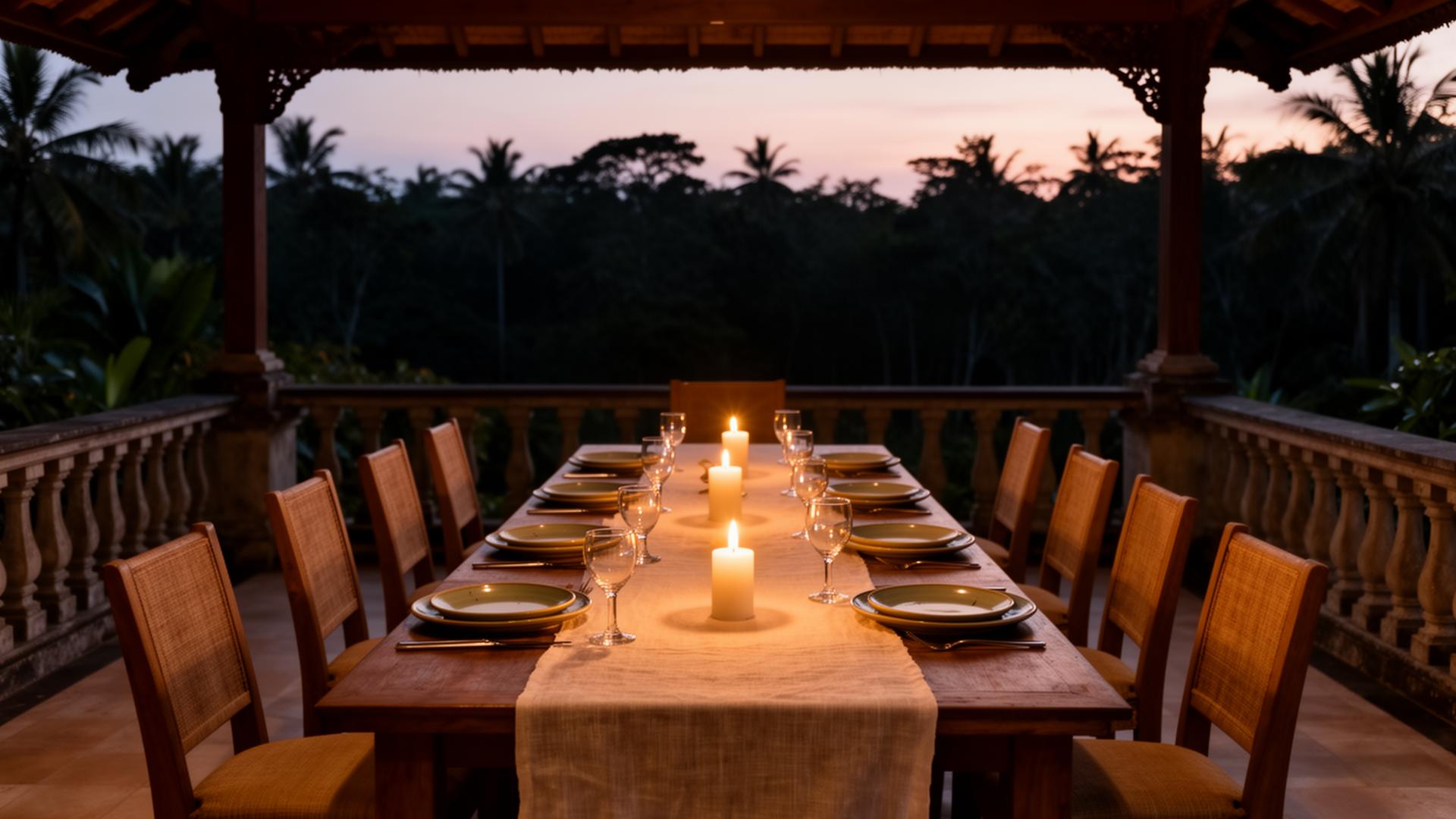 Empty seat at a candlelit dinner table on a Bali villa terrace